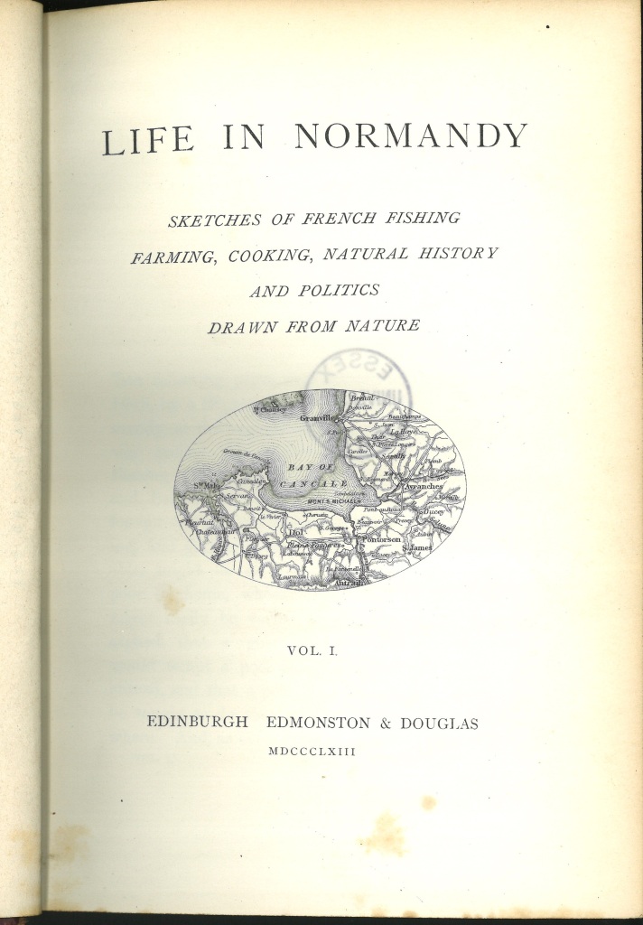 Title page of a book, with an illustration of a map of Normandy in an oval.