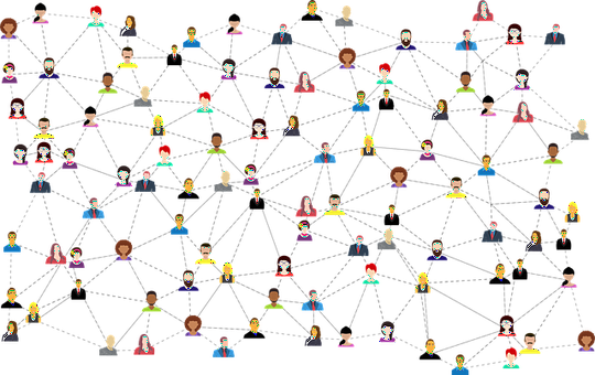 This is a cartoon image depicting an assortment of different people connected in a network of dotted lines against a white background, with many wearing bright clothes, or with vibrantly coloured hair. 